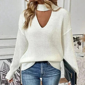White Casual Women's Choker Neck Drop Shoulder Sweater